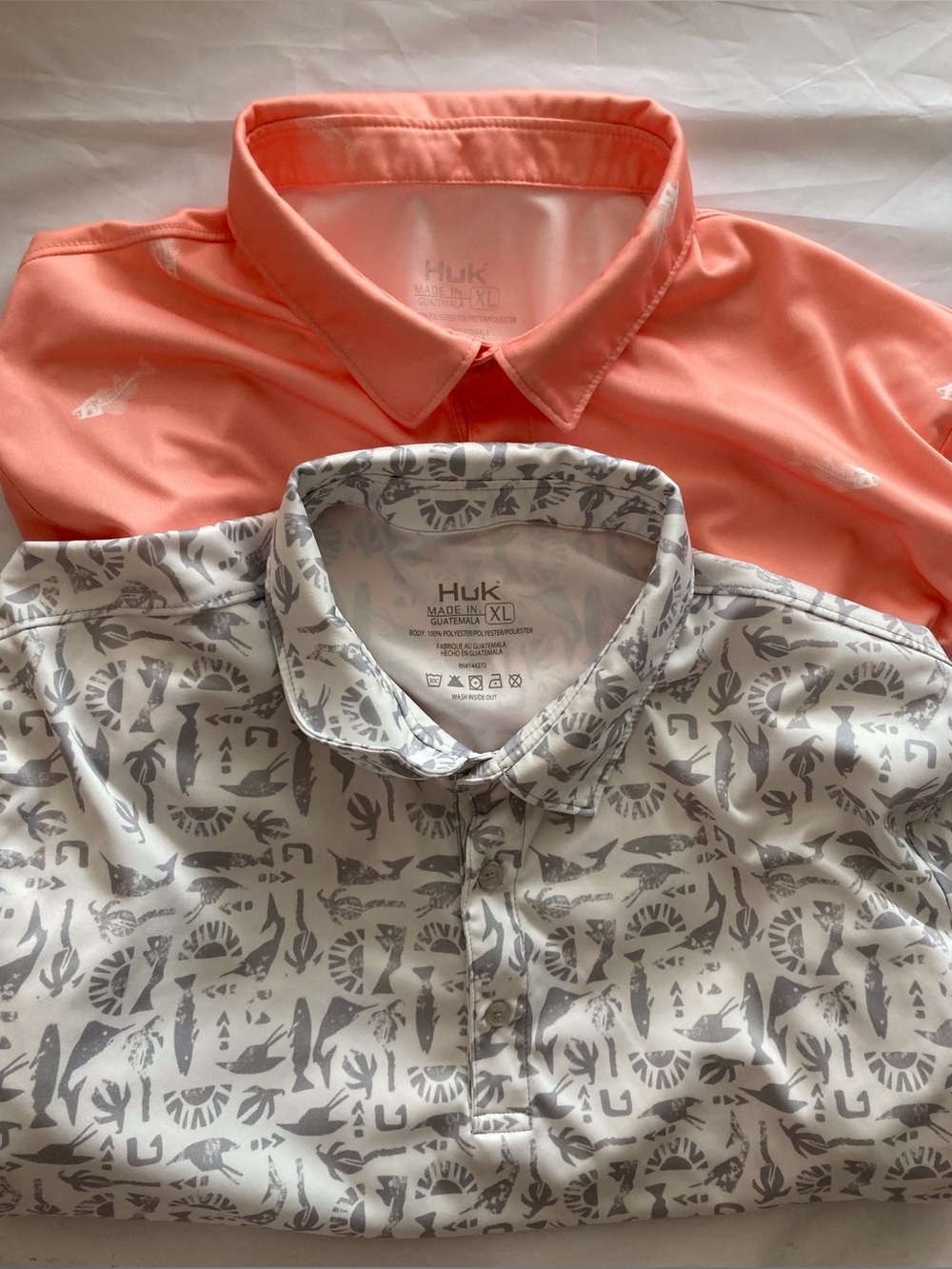 HUK Pursuit Performance Polo BUNDLE OF TWO-XL Grey/White & Coral/white Fish pat.